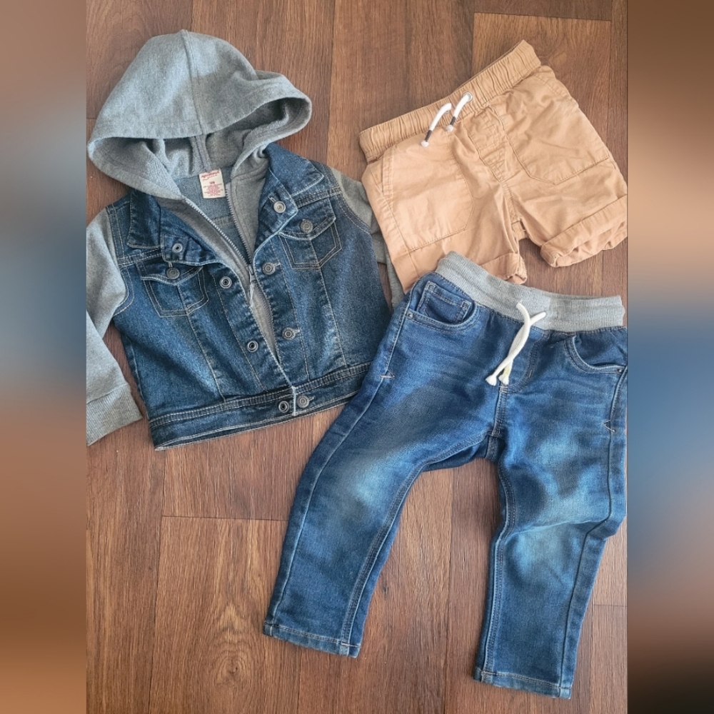 Toddler Boys Cool Kid Bundle of Denim Jacket, Pull-on Jeans & Khaki Shorts.